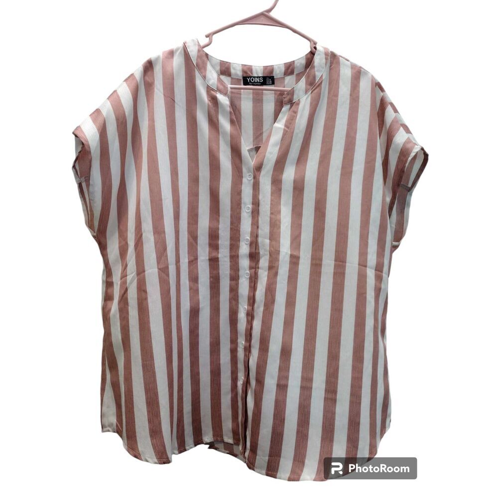Yoins Clay Vertical white stripe loose v-neck short‎ sleeve top